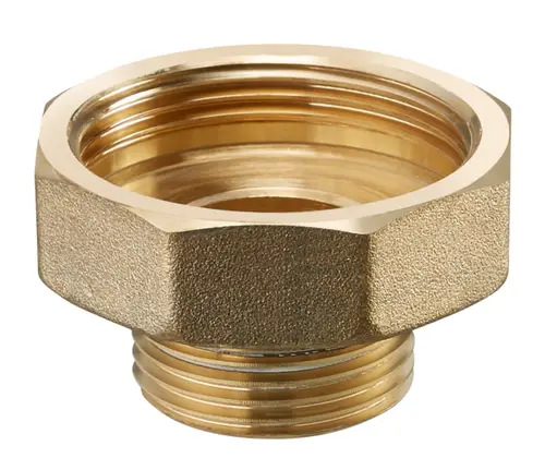 Brass pump connection fitting von Oventrop mit Innengewinde und Außengewinde, geeignet für die Verrohrung in Heizungsanwendungen.